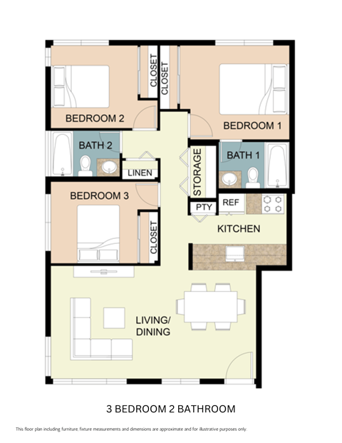 Floor plan for 3 beds, 2 baths, 851 sqft